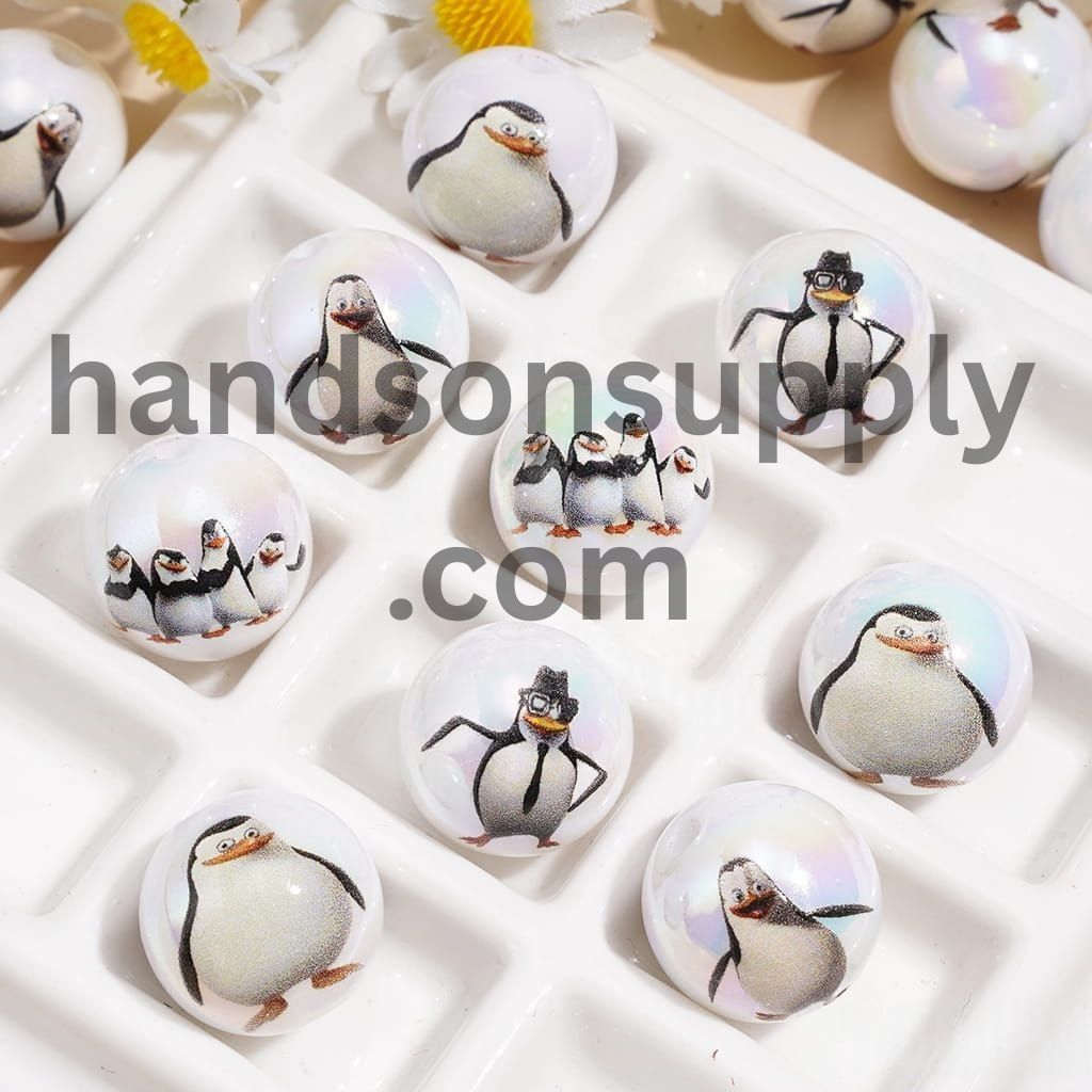 Adorable Penguin Cartoon Character Series UV Coated Glossy Printed Round Acrylic Beads for Bracelets, 16MM Random Mix
