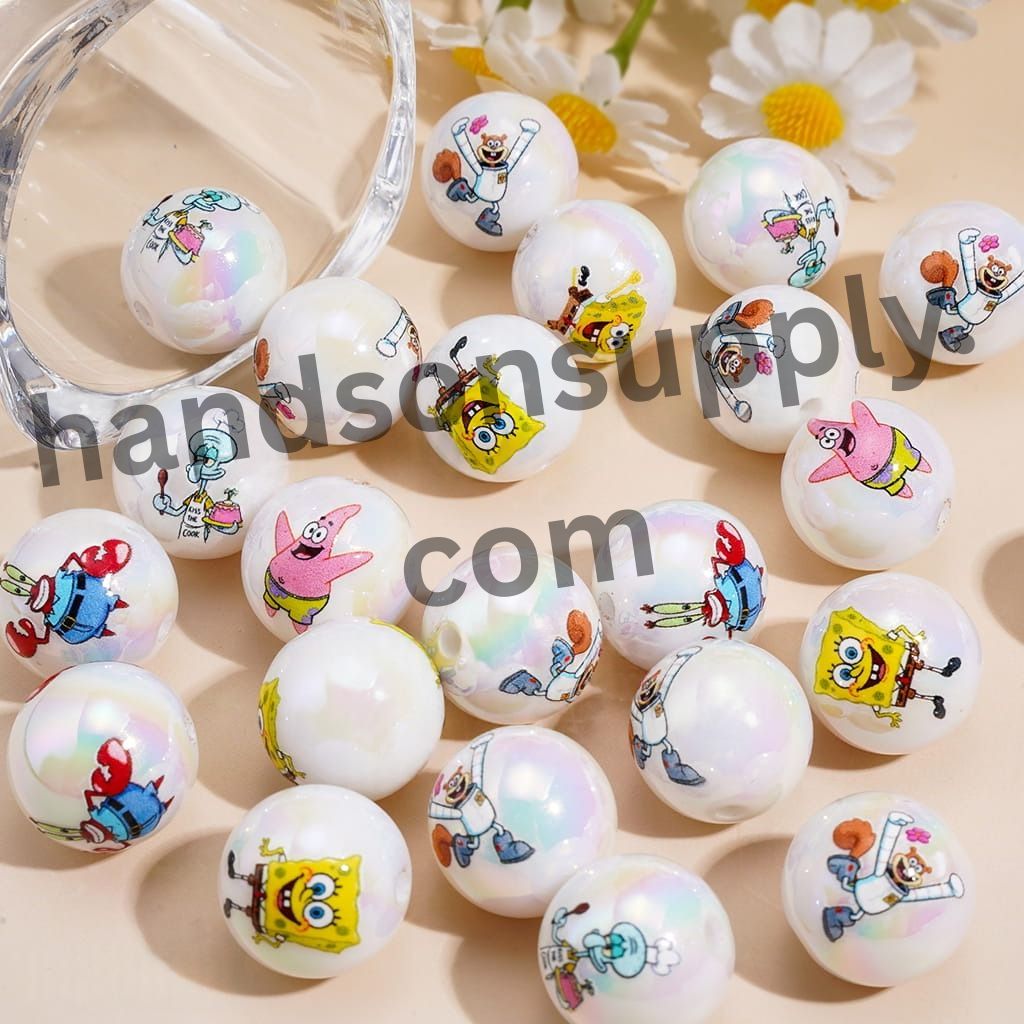 UV Coated Sponge Cartoon Character Series Printed Round Acrylic Beads for Bracelets, 16MM, Random Mix