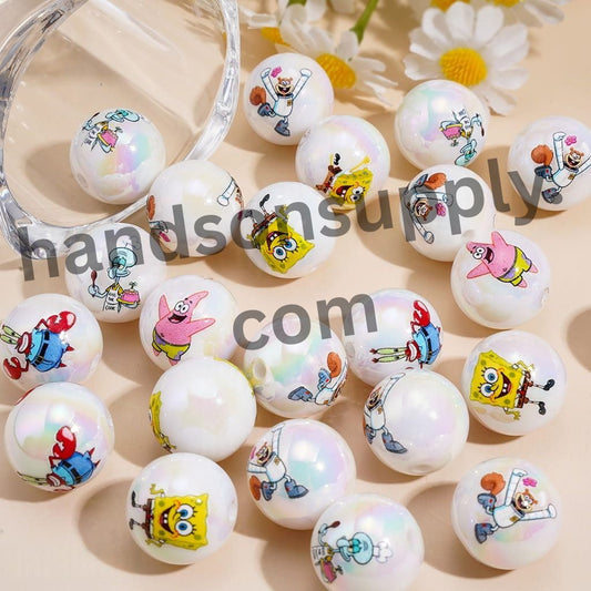 UV Coated Sponge Cartoon Character Series Printed Round Acrylic Beads for Bracelets, 16MM, Random Mix