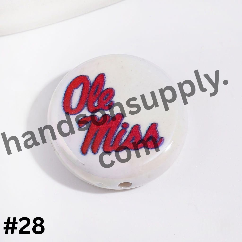 UV-Coated American College Sports Football Team Logo Series Flat Round Acrylic Beads, 23MM