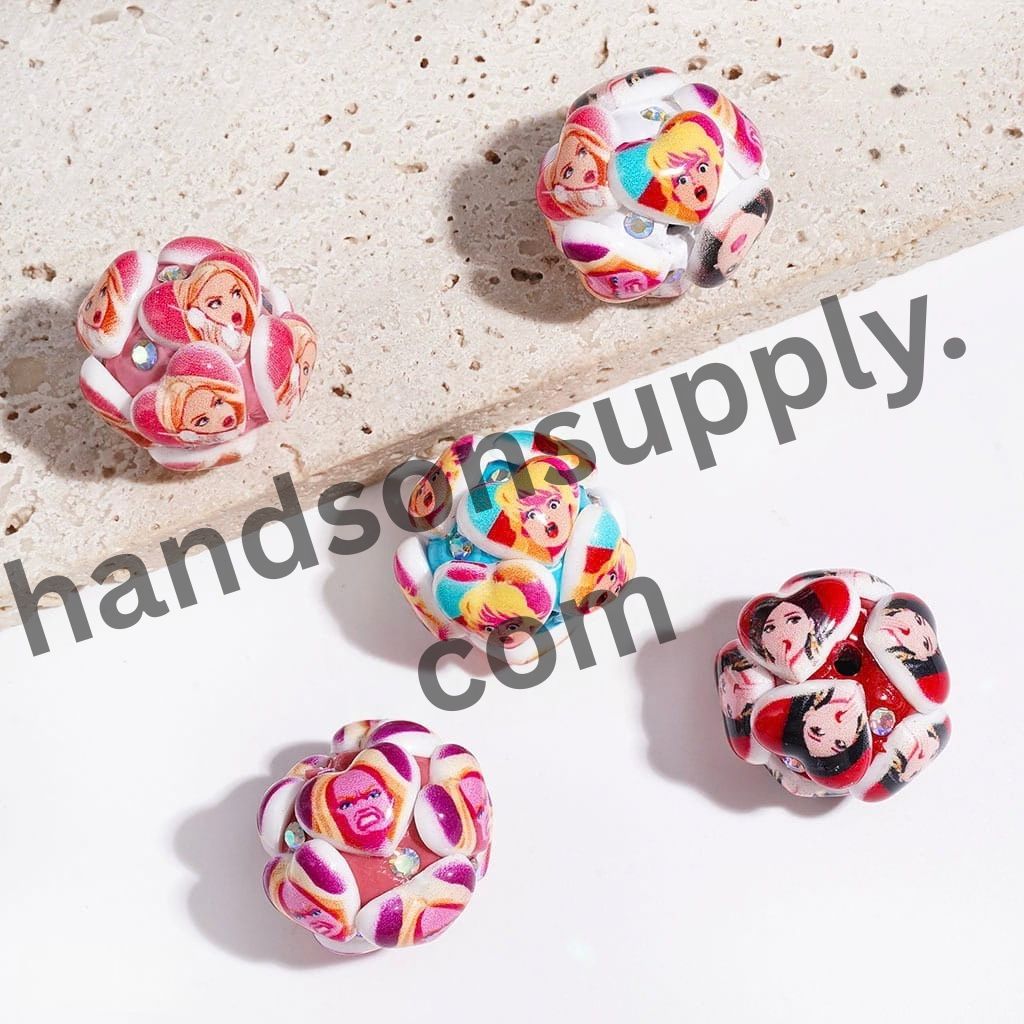 Playful Fashion Doll Character with Various Facial Expressions, Heart-Shaped Design and Sparkling AB Rhinestones Clay Beads, 20MM, Random Mix