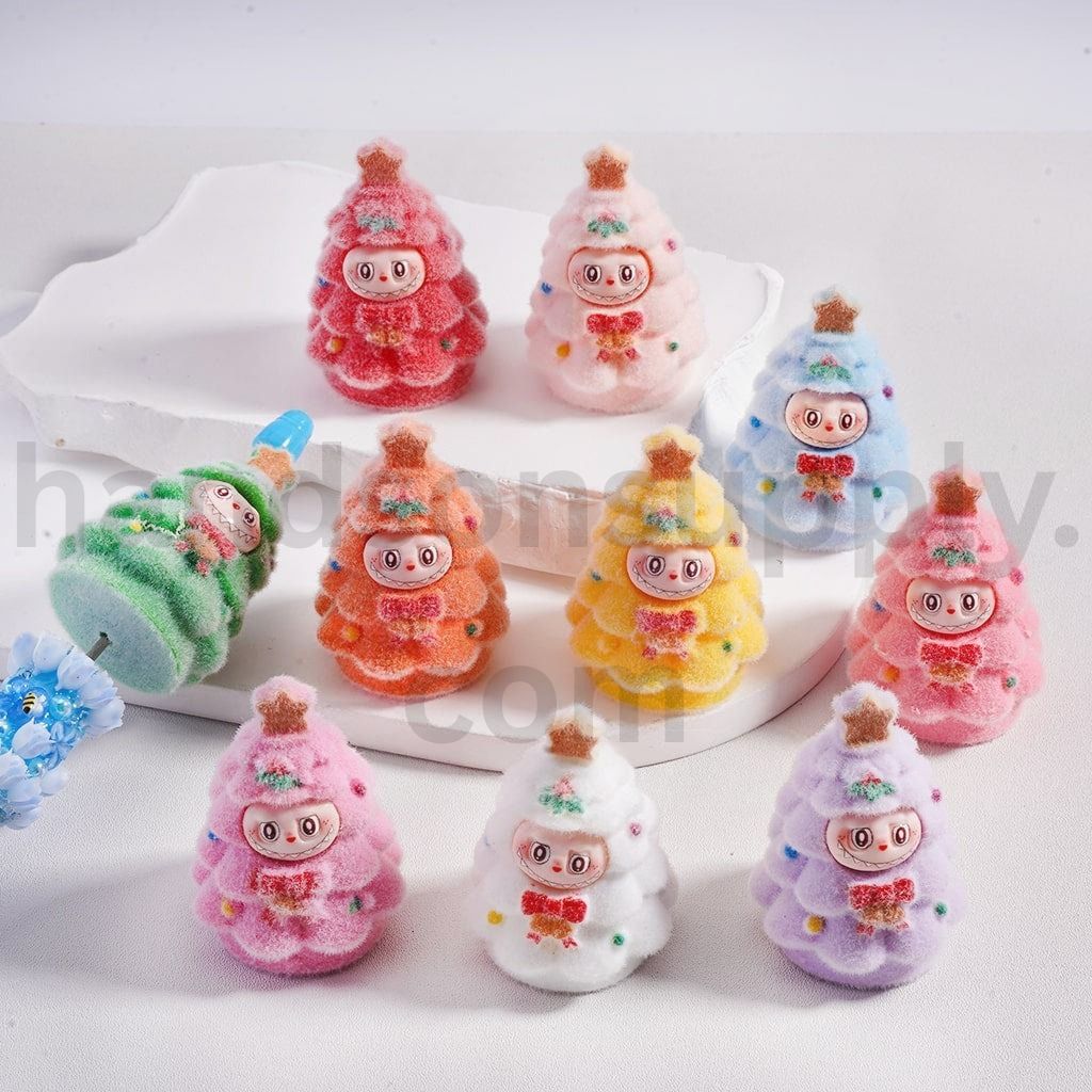 Flocked Labub with Christmas Tree Pen Topper Pendants Acrylic Beads 48MM Multi Color Mix