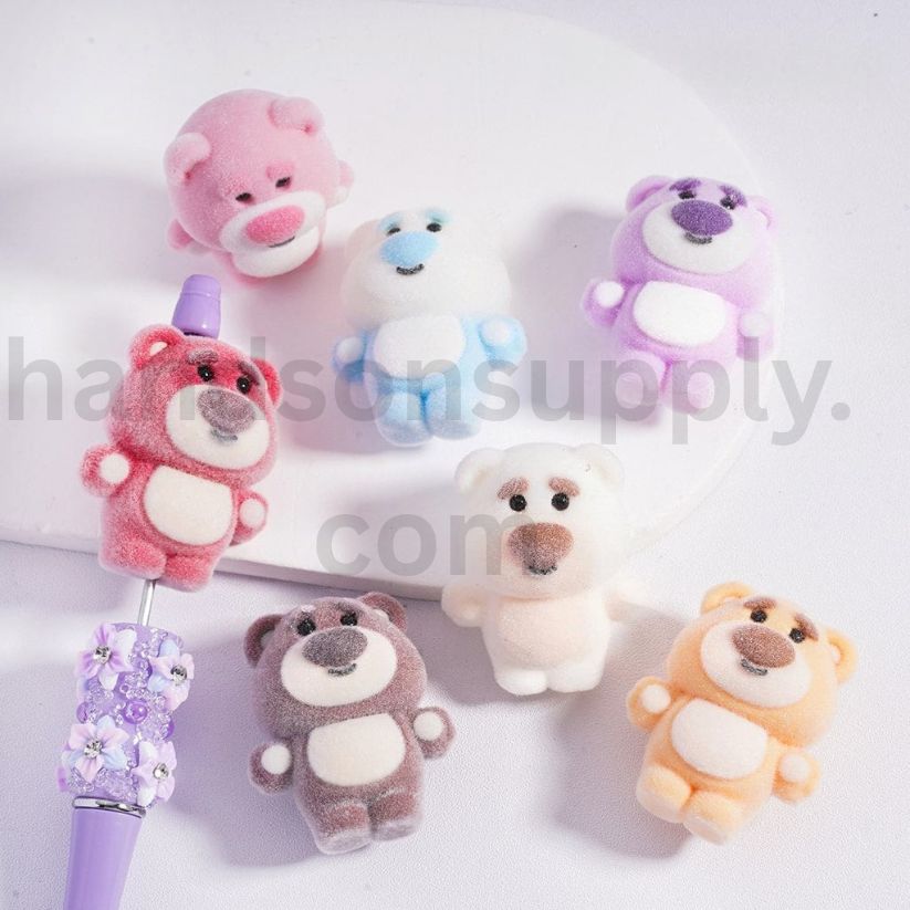 Flocked Cute Bear Toy Store Acrylic Beads Pen Toppers Pendants Jewelry Accessories Multi-Color 33*39MM
