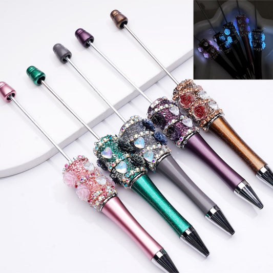 Beadable Luminous Pens with Mini Flower Shiny Rhinestones, in Solid Colors Chain, and Heart Diamond