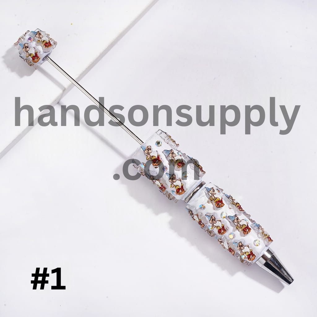 Beadable Clay Pens with White Snow Princess and Seven Gnome Elf Character, AB Rhinestones
