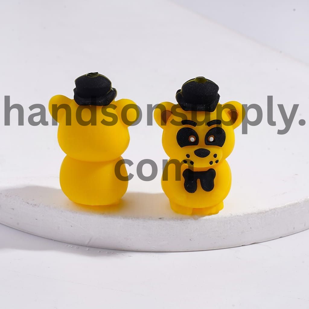 3D Classic Brown & Mysterious Yellow Bear with Black Top Hat & Bowtie Horror Adventure Game Series Silicone Focal Beads