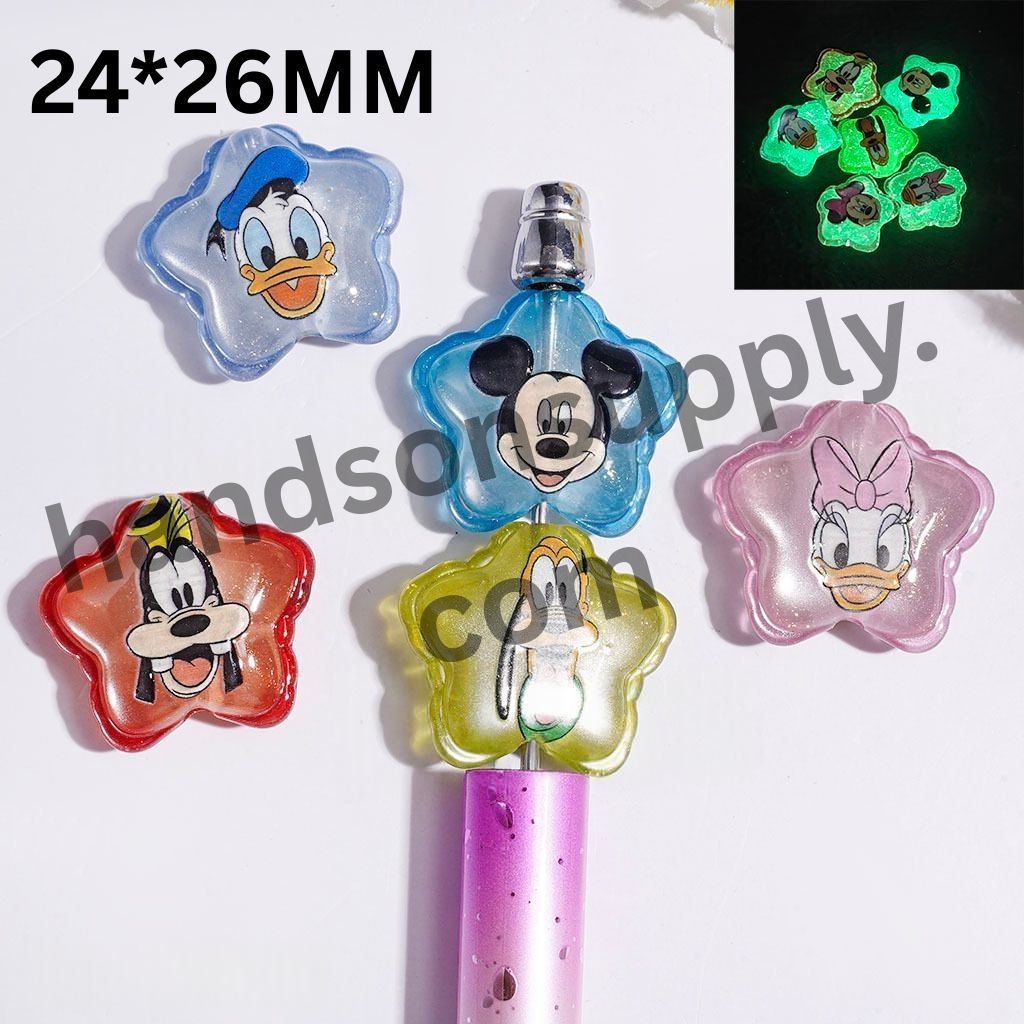 Luminous Classic Animal Characters Girl, Boy, Mouse, Duck & Dog Glitter Star-Shaped Acrylic Beads, 24*26MM, Multi-Color Random Mix