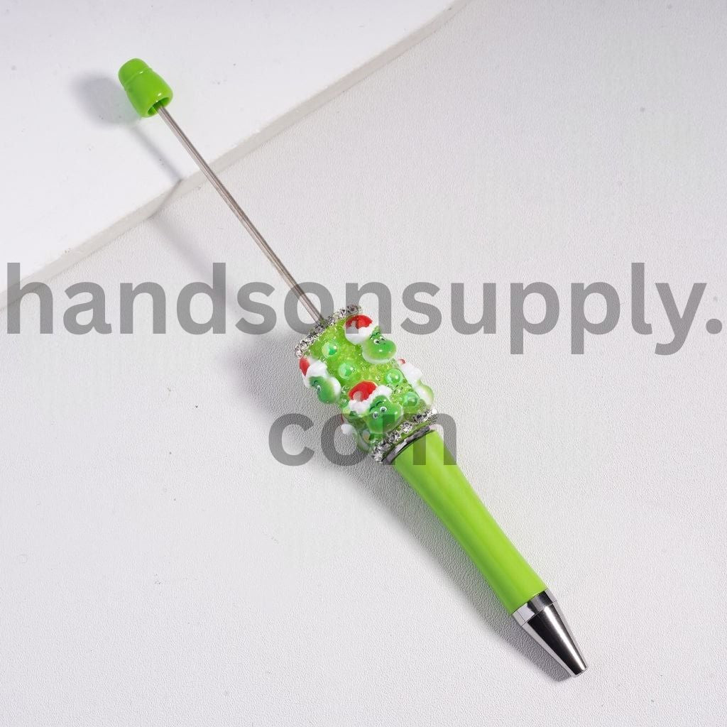 Green Monster Character Beadable Pen with Christmas Hat & Clear Rhinestone Chain