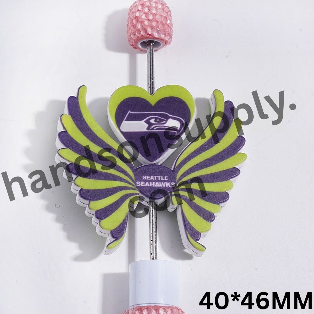 Seattle American Football Team Logo Printed Heart and Wing-Shaped Silicone Focal Beads Set, 40*46MM