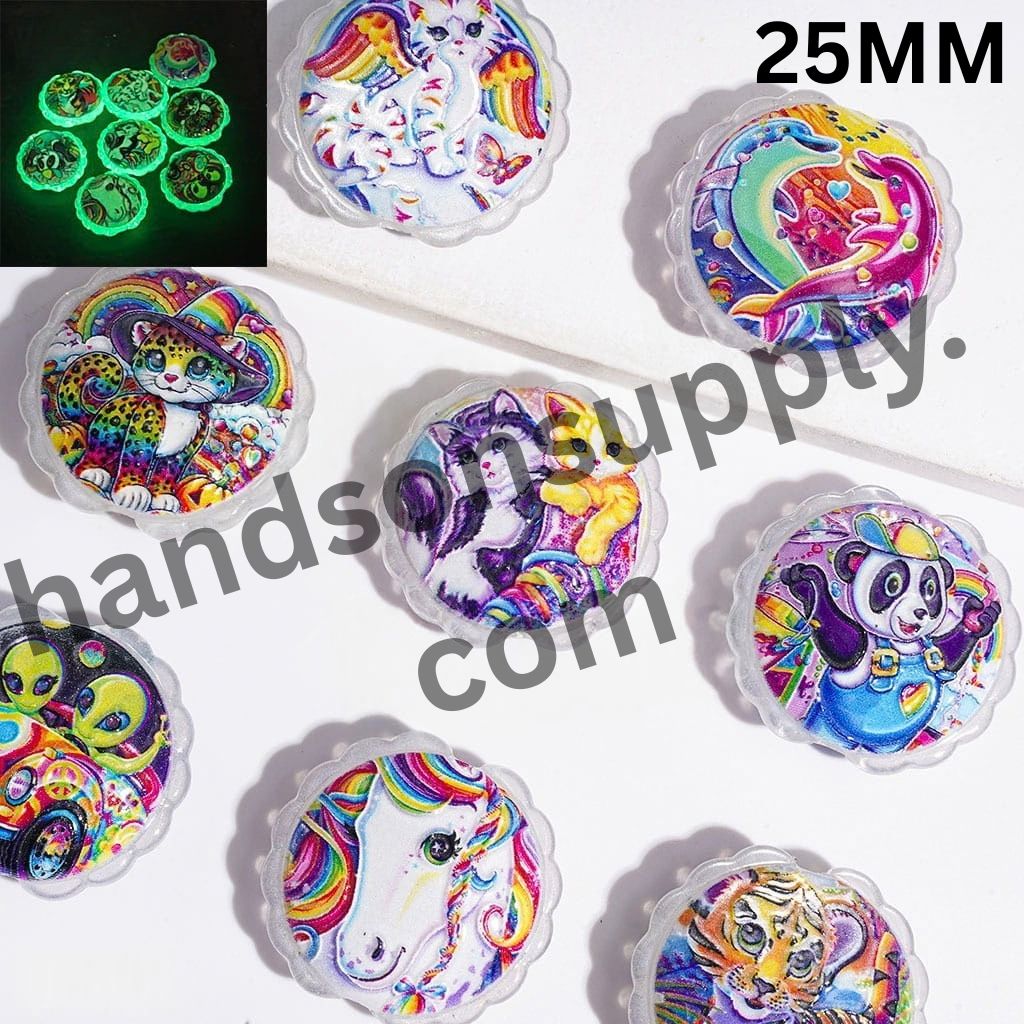 Luminous Vibrant Colored Animal Print Cat Eye Style Wavy Edge Flat Round Shape Acrylic Beads, 25MM, Random Mix