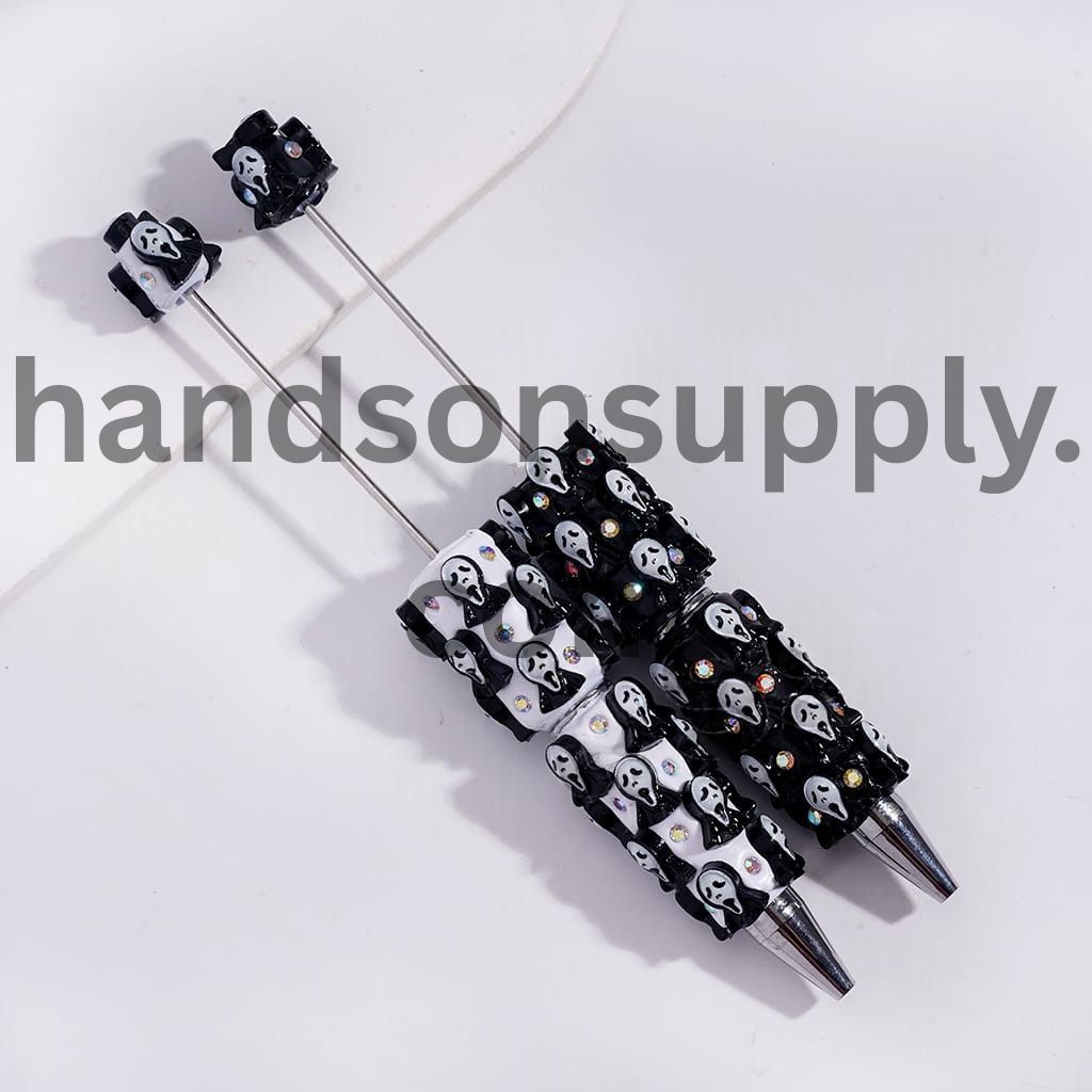 Beadable Clay Pens with Horror Mask Black & White Spooky Design with AB Rhinestones