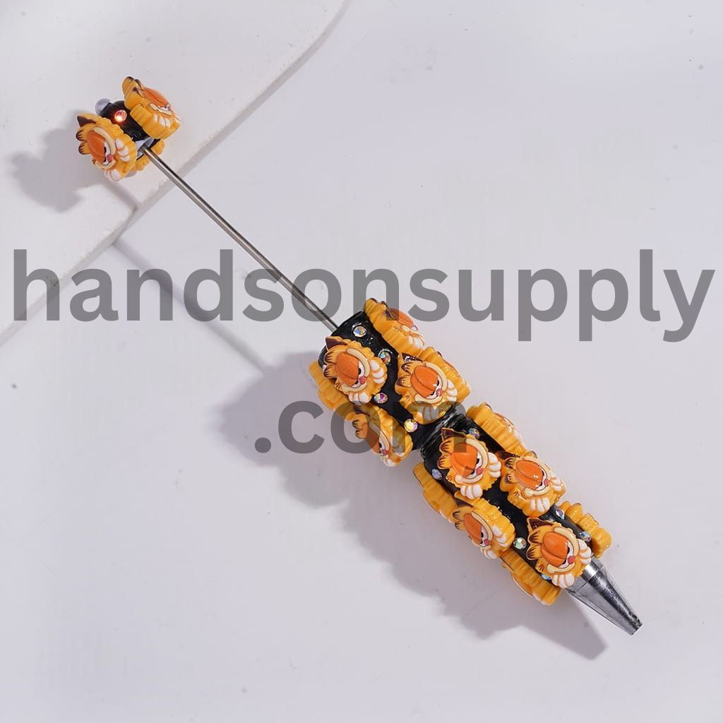 Yellow Lazy Cat Head Character with AB Rhinestones Beadable Clay Pens