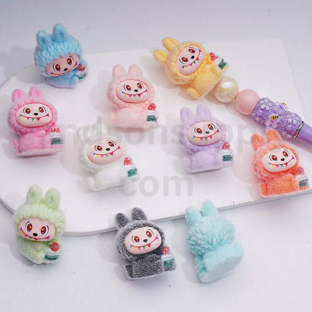 Cute Pendants Pen Topper Flocked Labub with Flower Pot Acrylic Beads Jewelry Accessories, 39*28MM, Random Mix