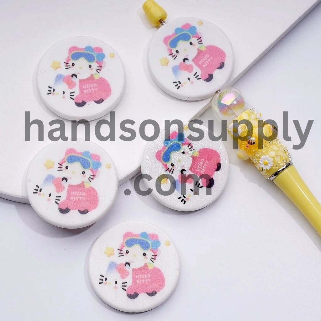 Round Flat Cute Cat Character with Blue Wings Ice Cream Drives a Car Unicorn Adorable Character Acrylic Beads, Around 38MM