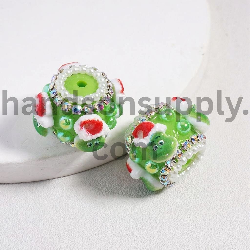 Green Monster Character Christmas Hat Green Half-Shell Pearls & AB Rhinestones Chains Acrylic Beads  22MM