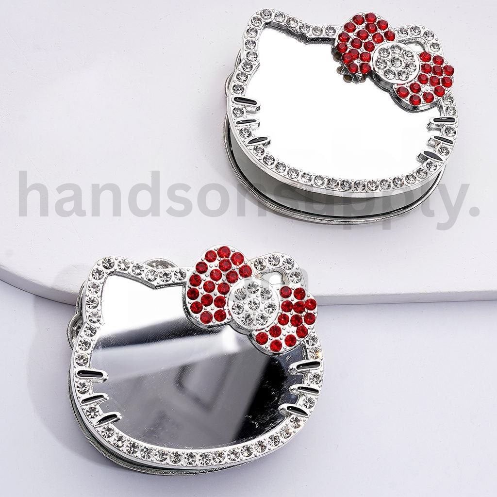 Fancy Gold Silver Hello Kitty Inspired Mirror with Rhinestones & Pearls Clay Beads, Around 55*49MM