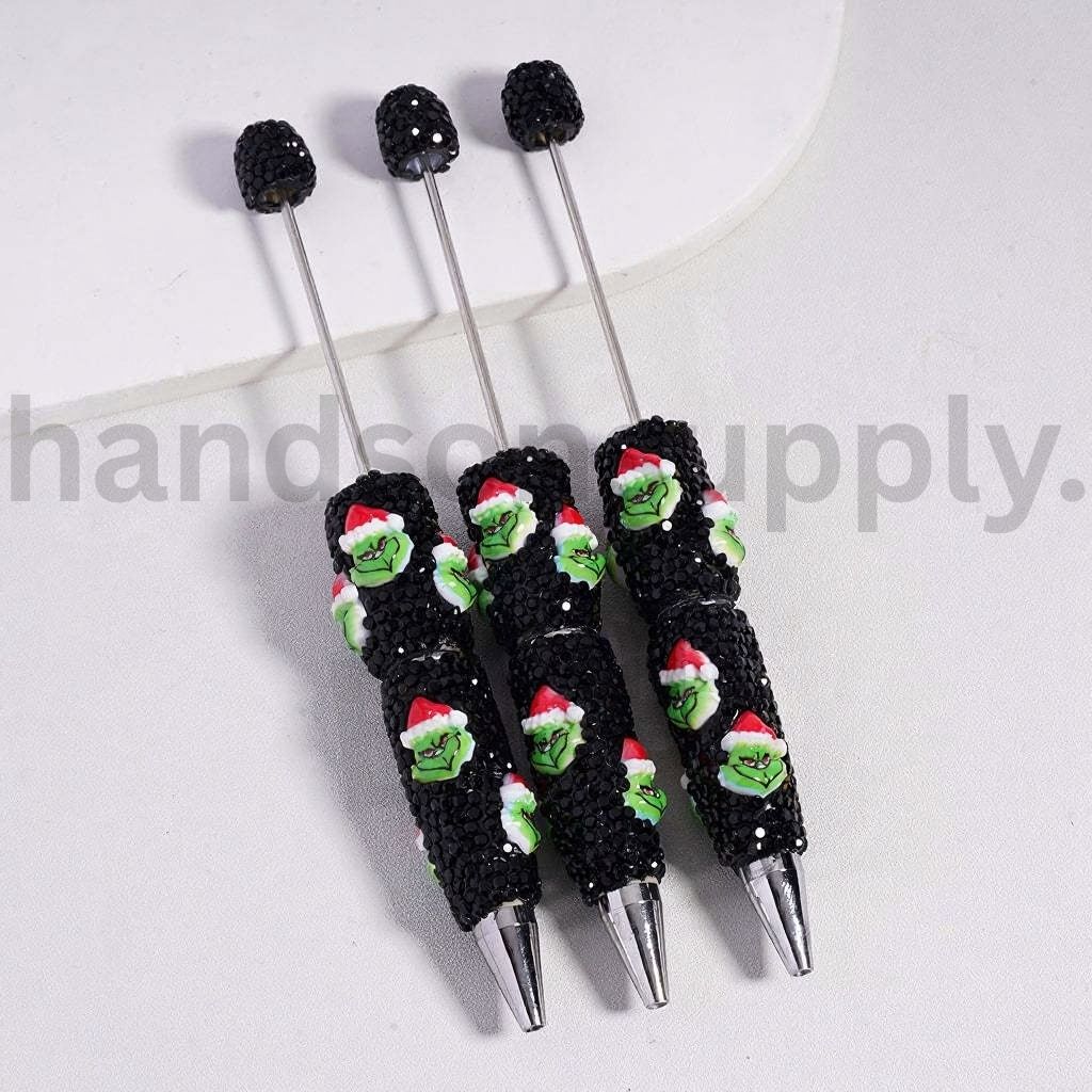 Cute Green Monster Christmas Hat AB & Black Rhinestone Beadable Clay Pen