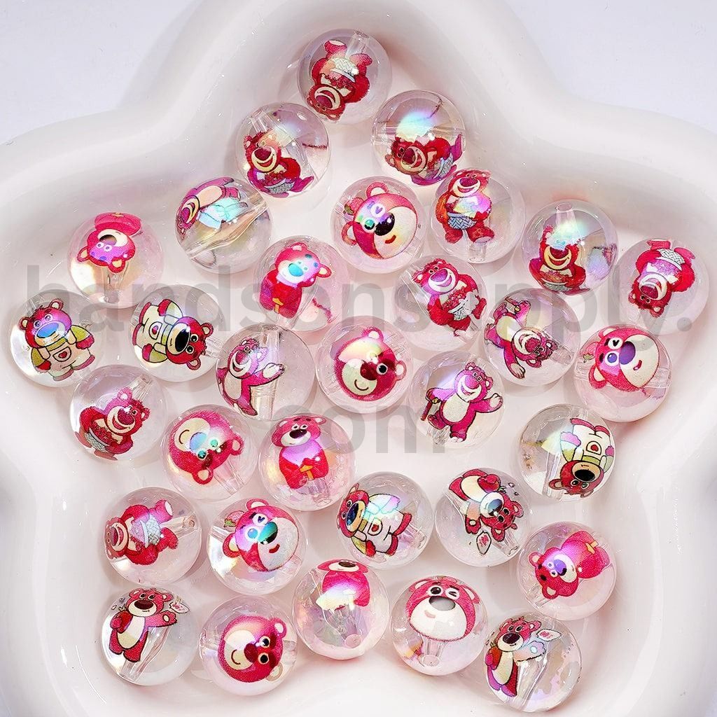 UV Coated Pink Bear Design Clear White Jelly Color Acrylic Beads 16MM