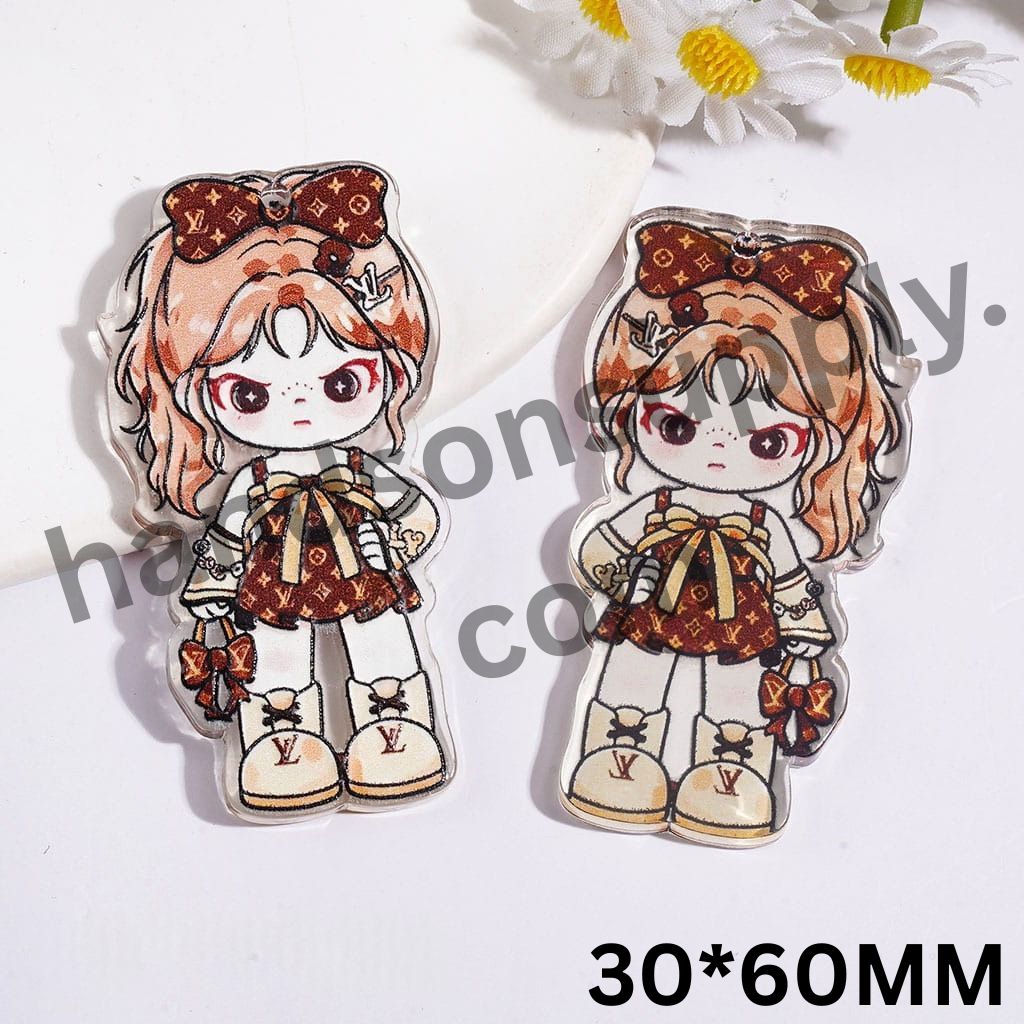 Chic Light Brown-Haired Girl with Dress & Bowtie, Handbag Acrylic for Handbag Keychain Pendants, 30*60MM, Single Side Prints
