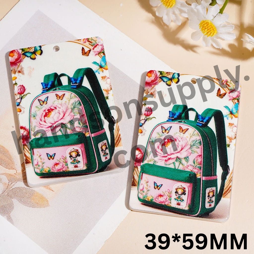 Adorable Green School Bag with Butterfly & Flower Design Flat Rectangle Shape Acrylic Pendants, 39*59MM
