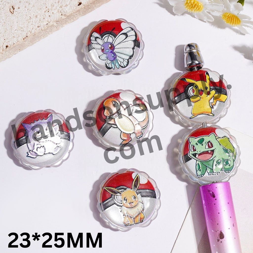 Adorable Small Monster Character Wavy-Edged Flat Round Acrylic Beads, 23*25MM, Random Mix