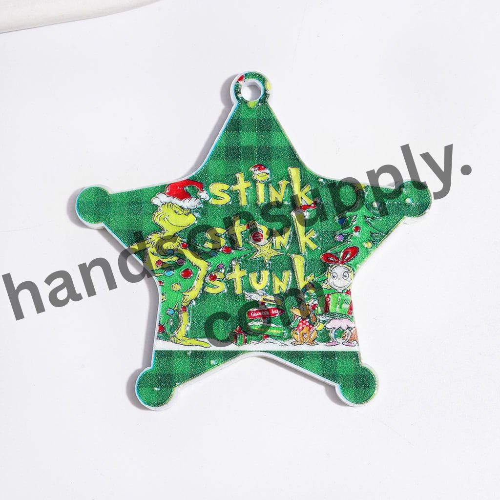 Festive Green Christmas Character Series Gold Edge Design Acrylic Beads and Pendants, Random Mix