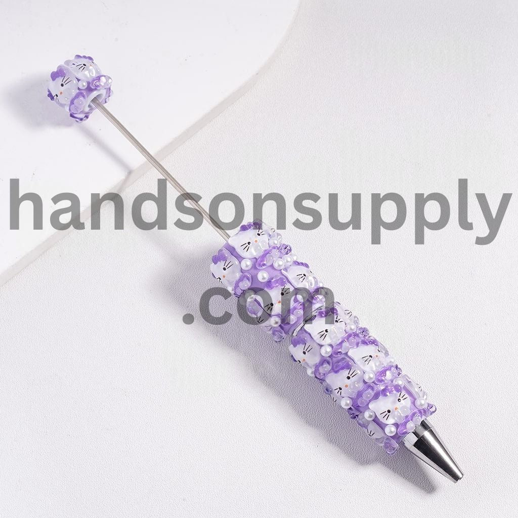 Cute Cat Character Wearing Skirt with Bowtie on Head and White Pearls Beadable Clay Pen Random Mix