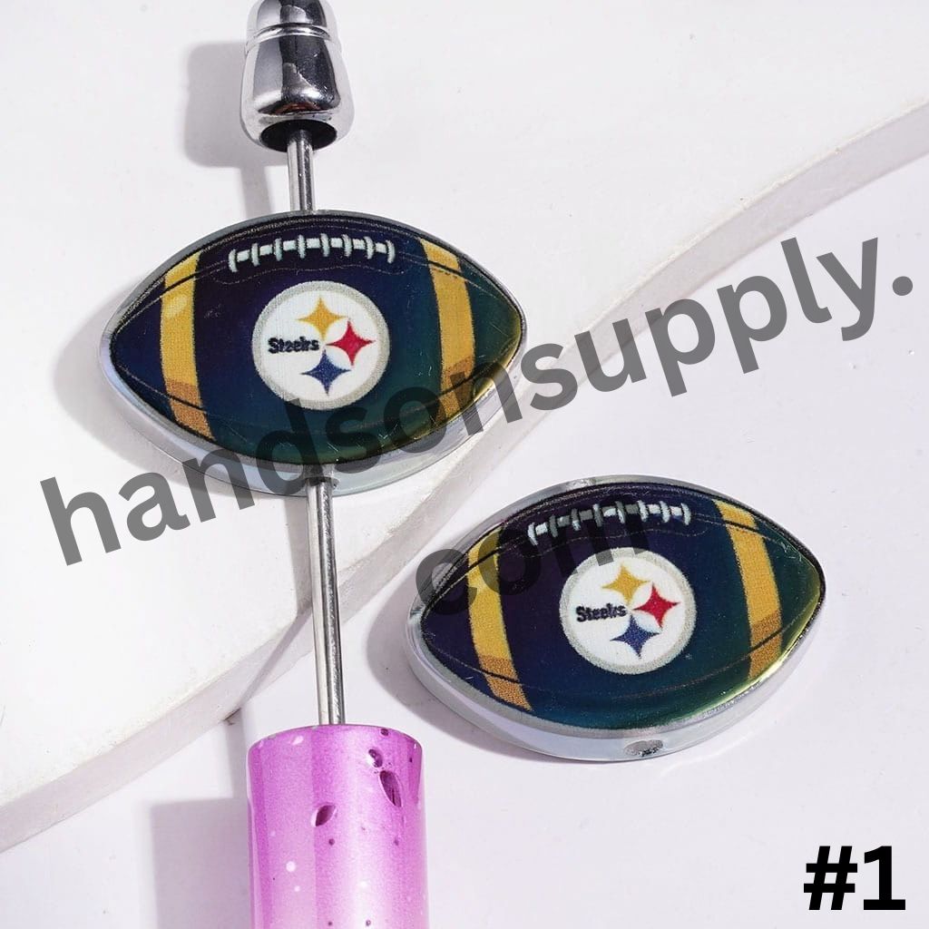 UV-Coated American Football Shape Acrylic Beads, Assorted Team Designs, 20-29MM, Random Mix