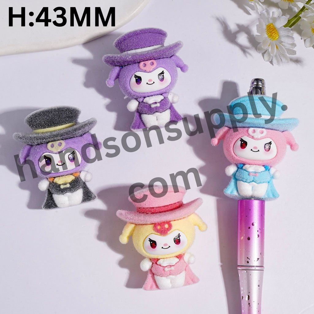 Whimsical Fluffy Evil Girl Cartoon Character with Magician Outfit oft PVC Rubber Beads, Height 43MM, Multi-Color, Random Mix