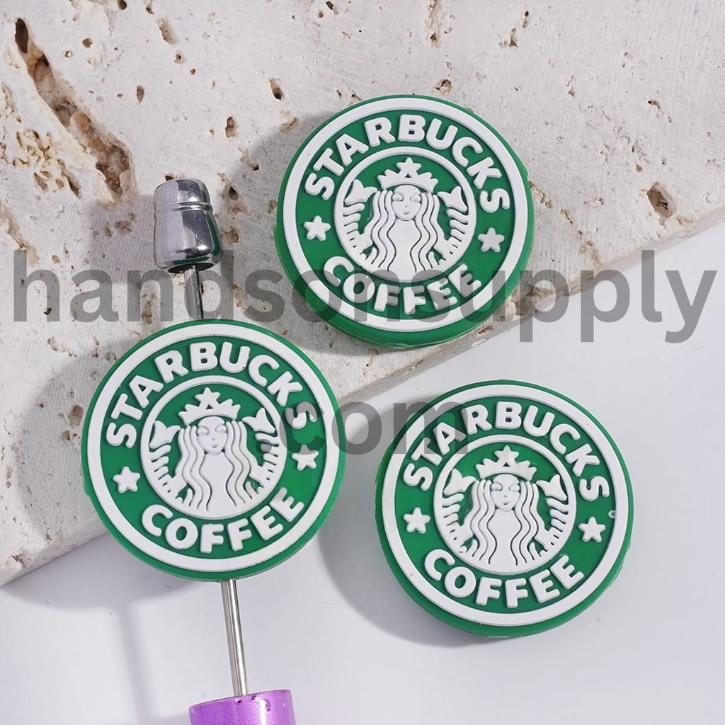 Pink & Green Coffee Café Theme Flat Round Shape Silicone Focal Beads