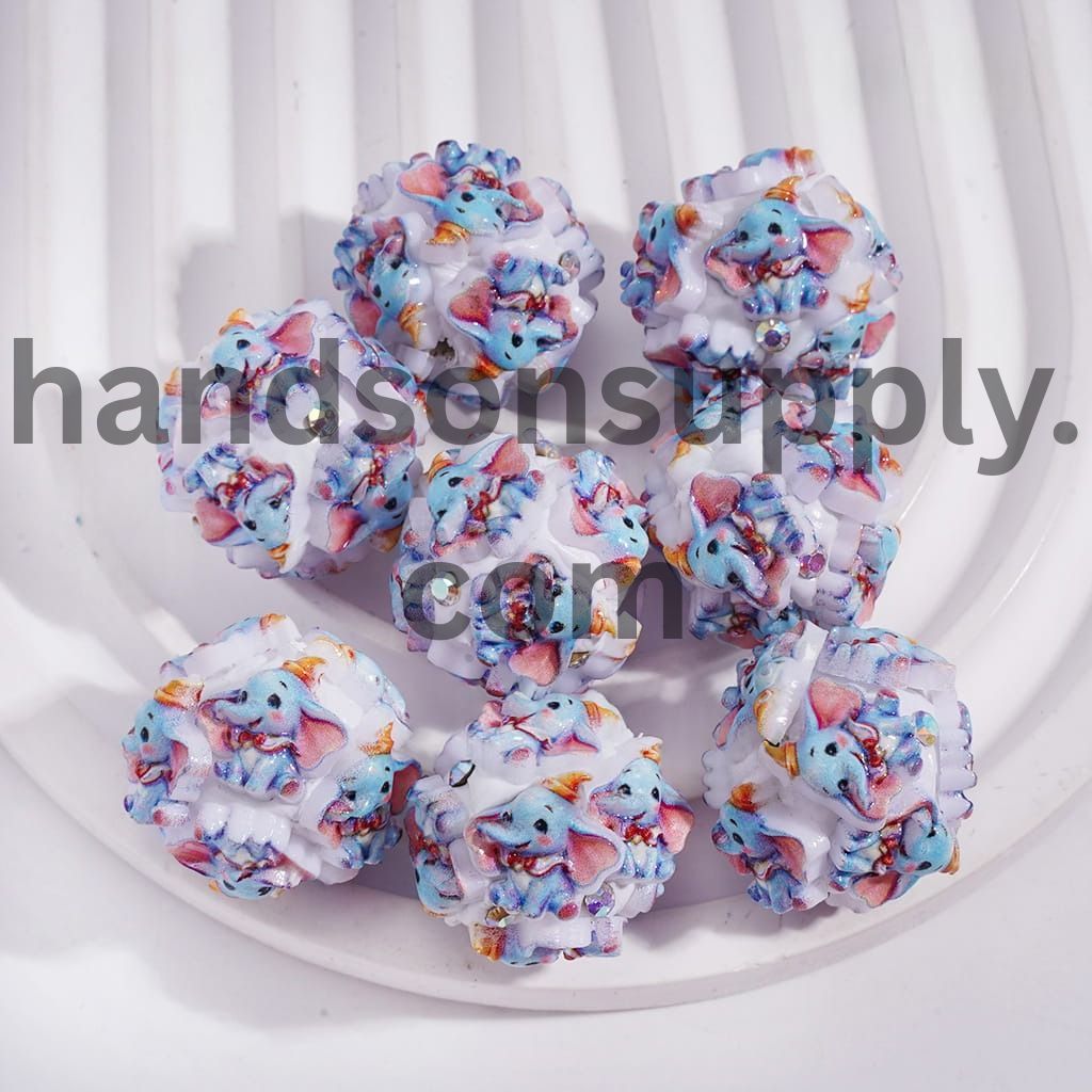 Gray & Blue Flying Elephant Character with AB Rhinestones Round Silicone Focal Beads 20MM
