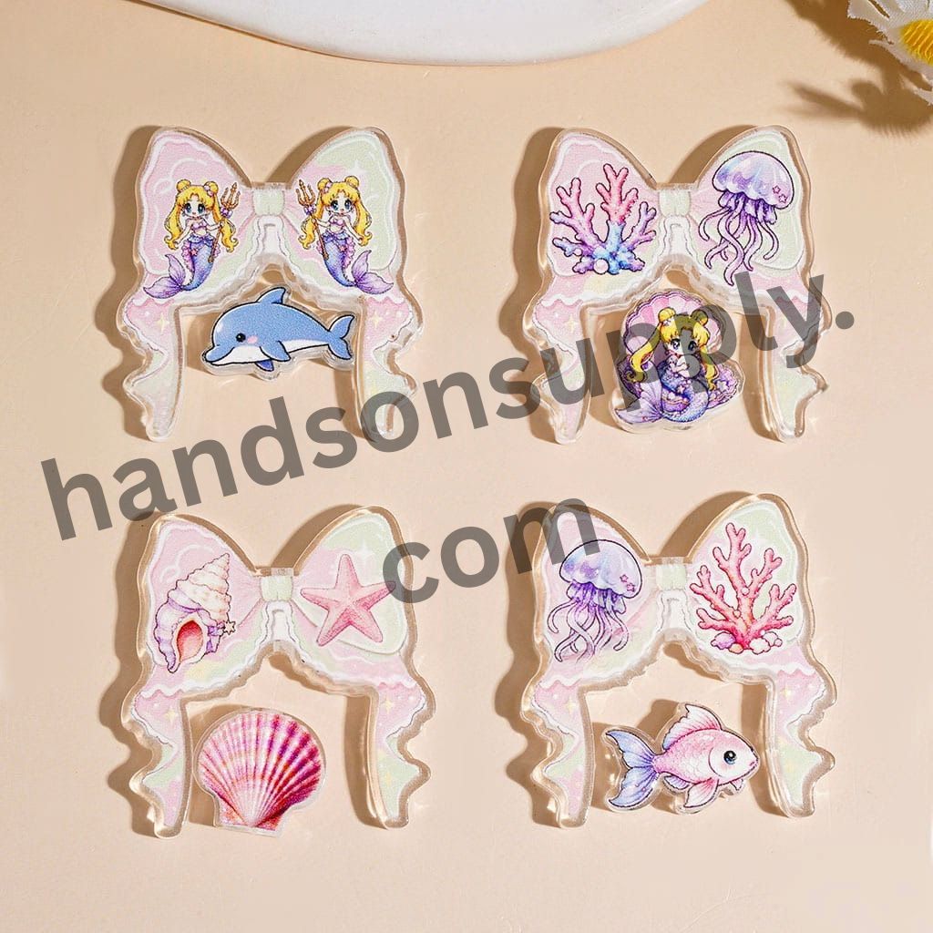 Cute Marine Life Theme Bow Shape Acrylic Beads Mini Small Ornament Piece, 37*39MM, Variant Designs, Random Mix