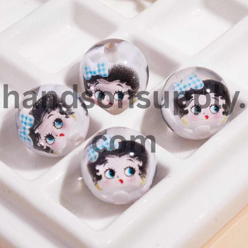 Embedded Old Girl Character Wearing Bowtie Design Inside Round Acrylic Beads 16mm
