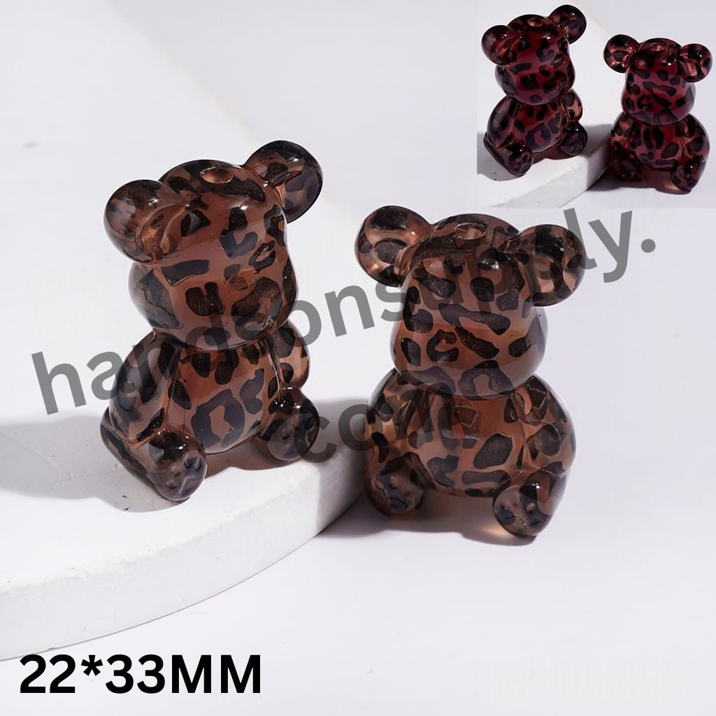 Adorable Color-Changing Bear with Red Brown Jaguar Print Glitter Acrylic Beads, 22*23MM