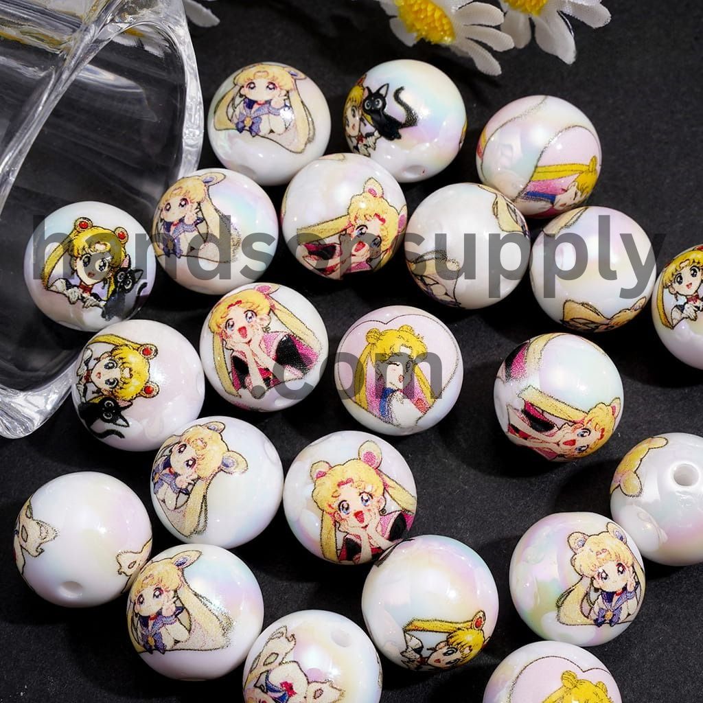 Cute Anime Magical Girl Character Series Print Iridescent Round Acrylic Beads for Bracelets, 16MM Random Mix
