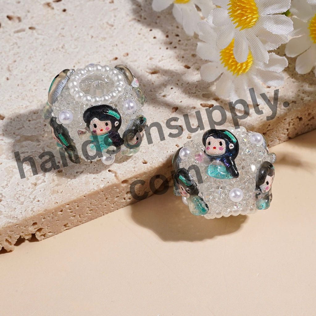 Princess Character Handmade Acrylic Sugar Beads with Pearl Chain & Glitter Texture, 20MM, Multi-Color Random Mix