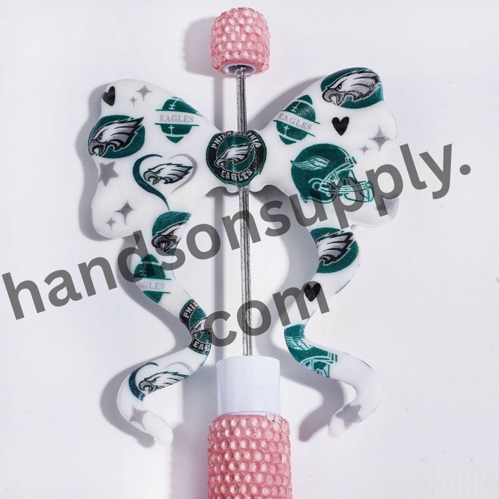 American Football Eagle Design Printed Long Ribbon Bow Shape PVC Soft Rubber Beads, 59*70MM, Random Mix
