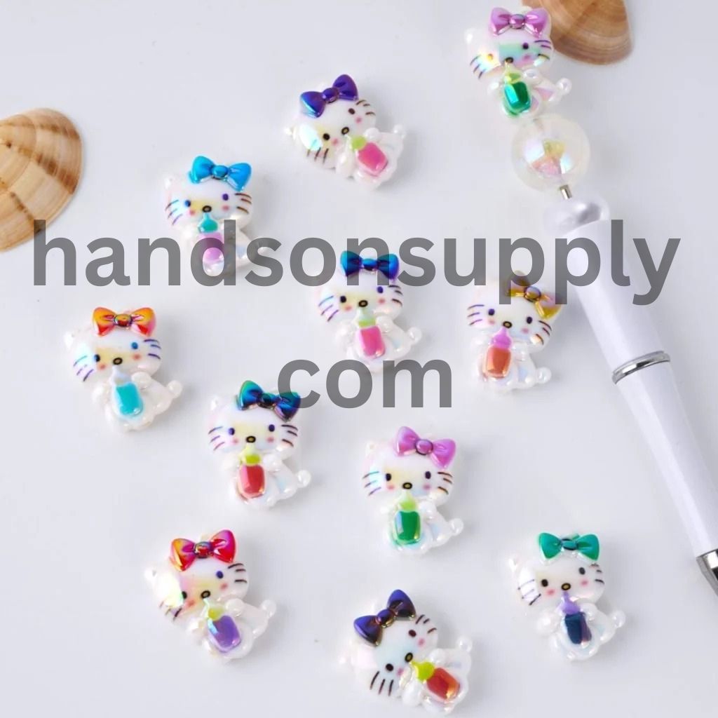 Cute Cat Character Holds a Bottle Adorable Character UV Coating Acrylic Beads, Around 20*25MM, Please Read the Description