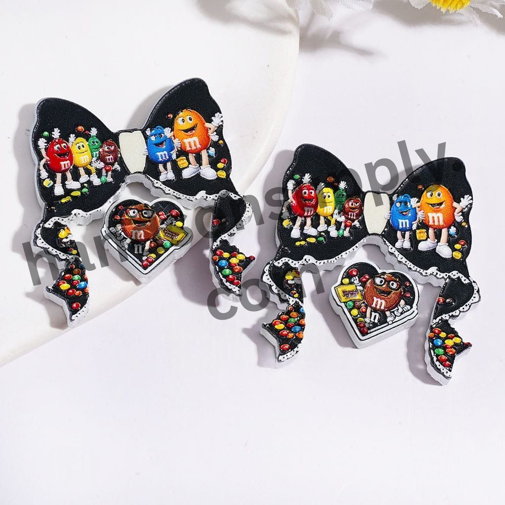 Cute Funny Candy Character Black and White Bow and Piece, Acrylic Beads with Colorful Chocolate Print, (Please Read Description)