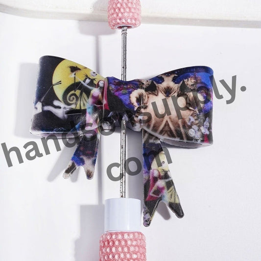 UV-Printed Red-Haired Girl & Boy Skeleton Couple Soft Bowtie Shape Silicone Focal Beads, 53*59MM