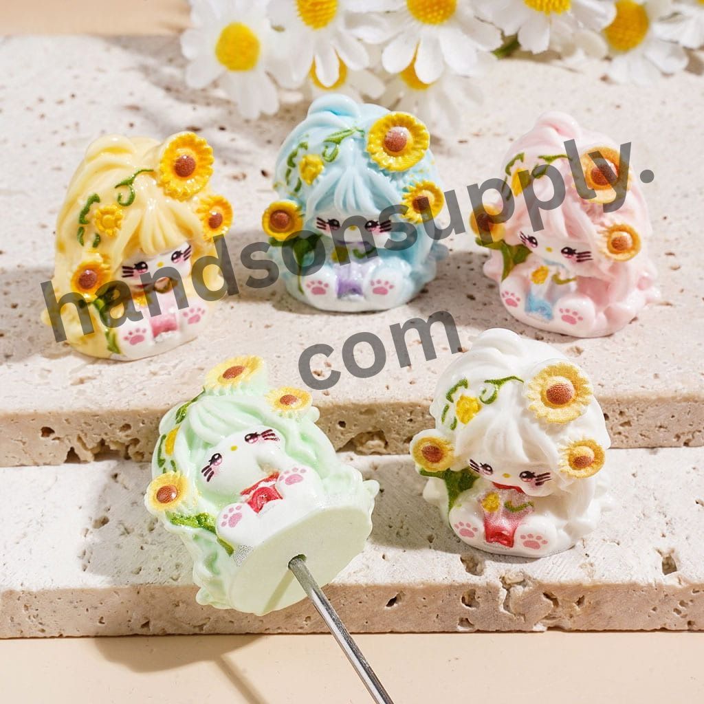 Cute Cat Character with Graceful Long Hair & Sunflower Acrylic Beads for Figurines and Pen Toppers, 26×31MM, Multi-Color Random Mix