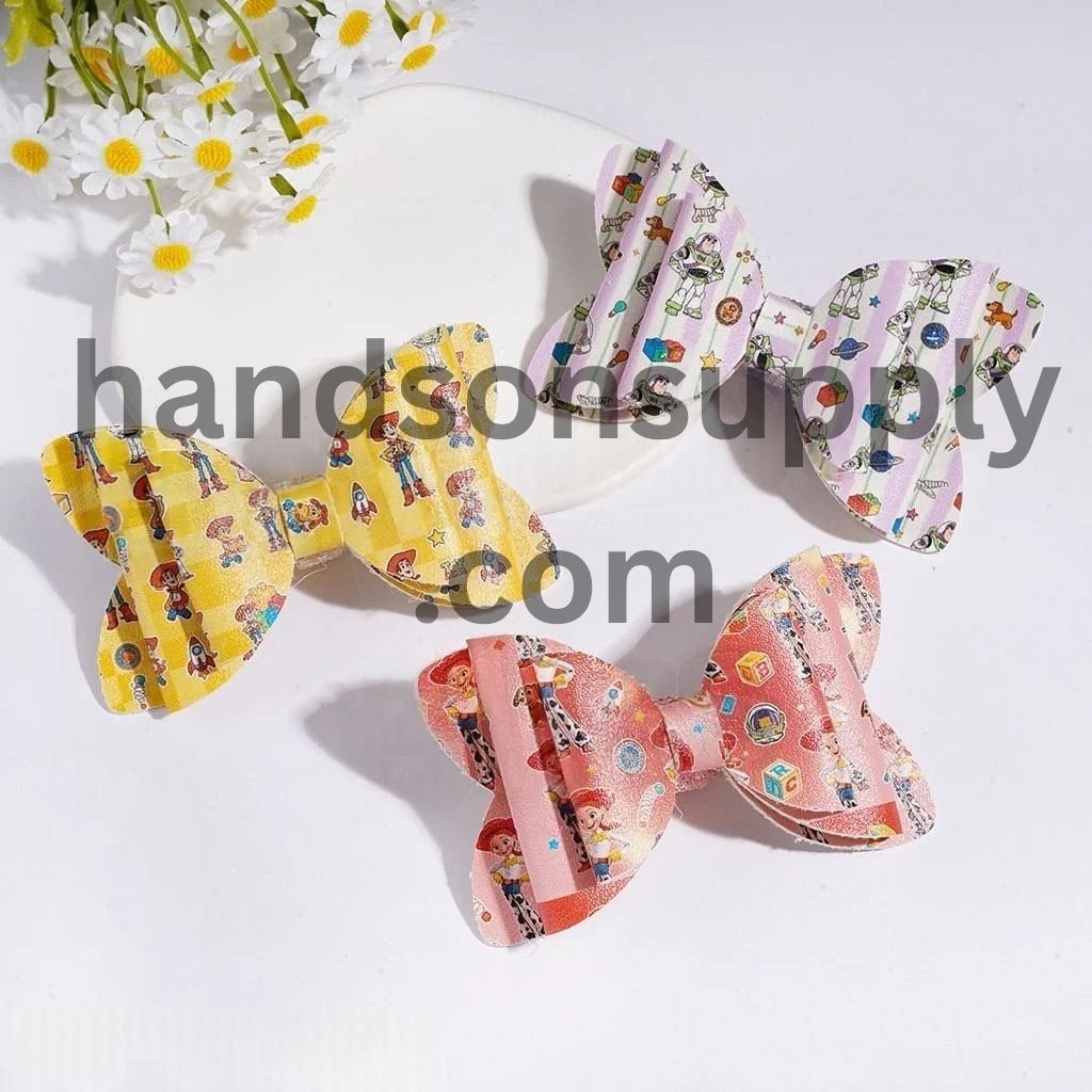 Playful Toy Adventure Character Three-Layer Fabric Bowtie with Sparkling Cone-Shaped AB Rhinestones, Clear Pearl Loop & Sugar Beads, Multicolor Random Mix