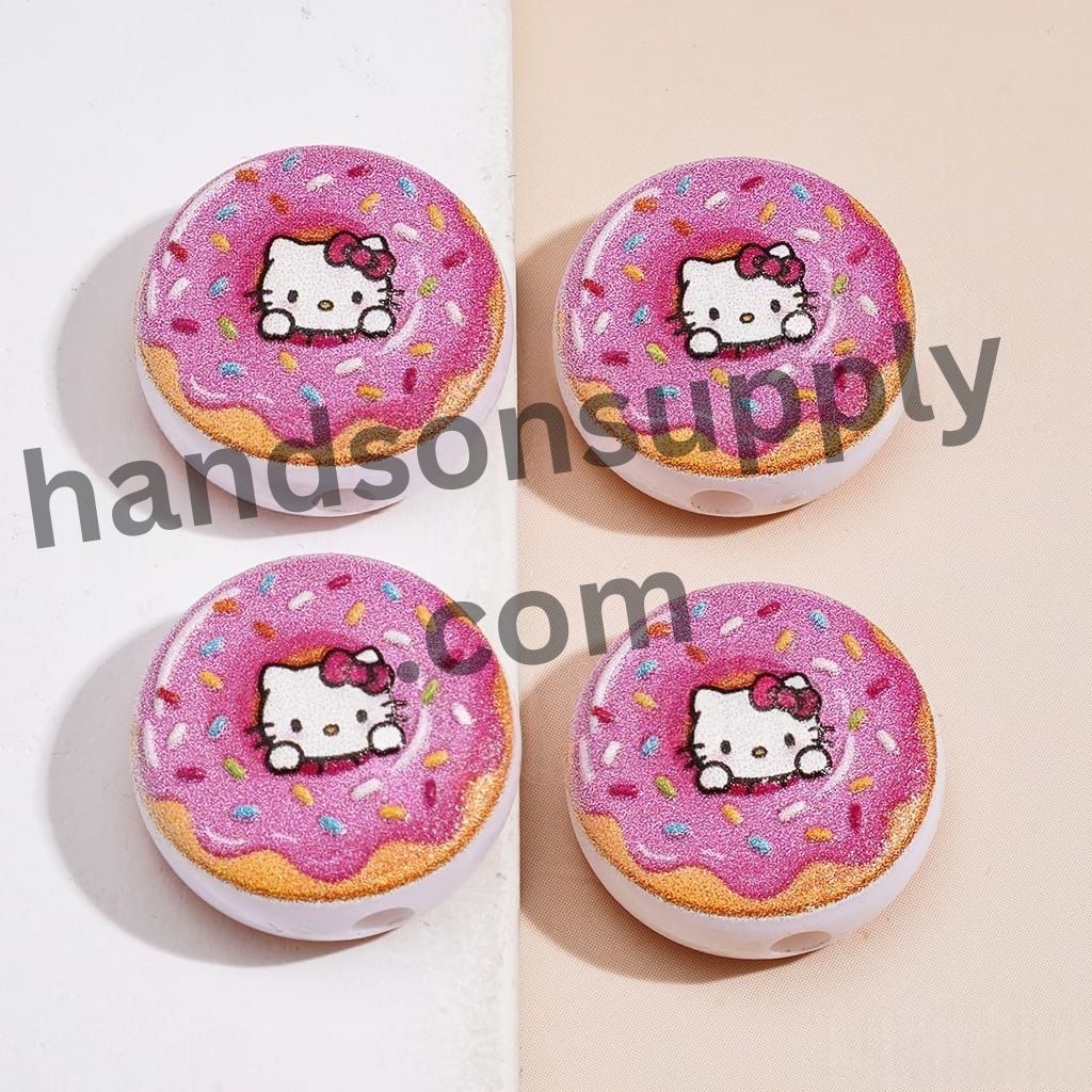 Adorable Pink Doughnut with Sprinkles and Cute Cat Character Prints Acrylic Beads 18MM