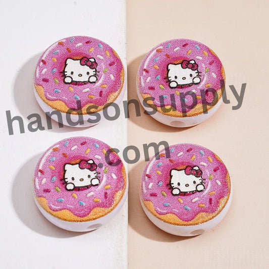 Adorable Pink Doughnut with Sprinkles and Cute Cat Character Prints Acrylic Beads 18MM