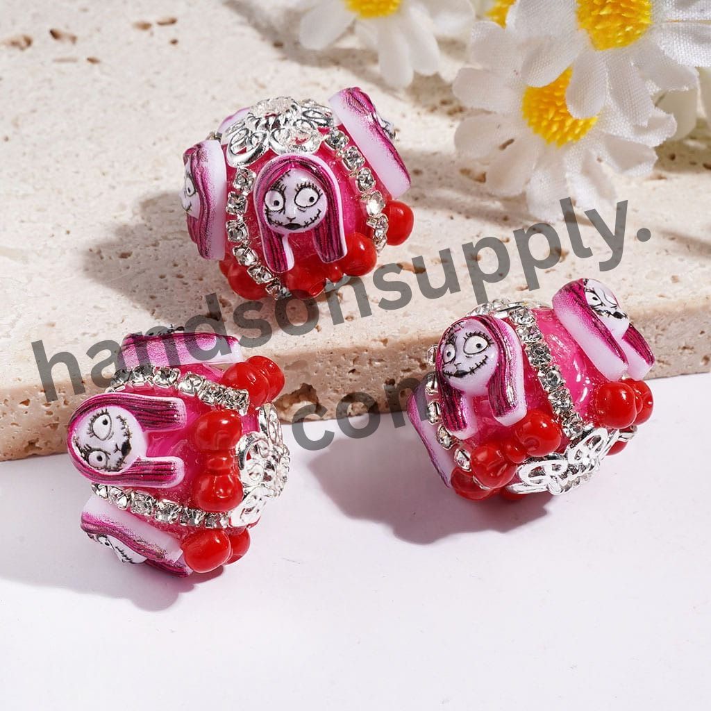 Halloween Nightmare Skull Skeleton Couple Character with Bowtie and Clear Rhinestone Chains, Handcrafted Acrylic Beads, 20MM Random Mix