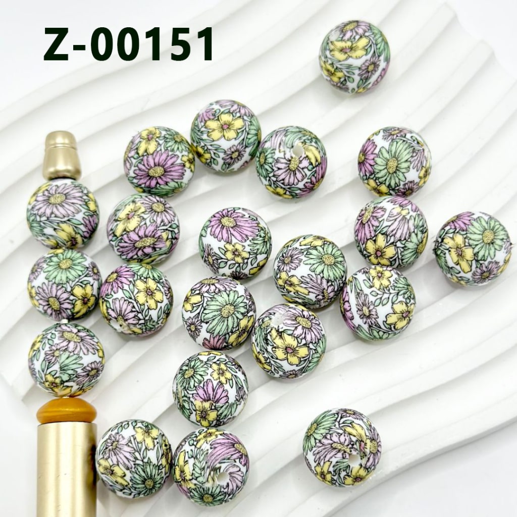 Round Printed Colorful Flowers Silicone Beads 15mm, Number Z-00151