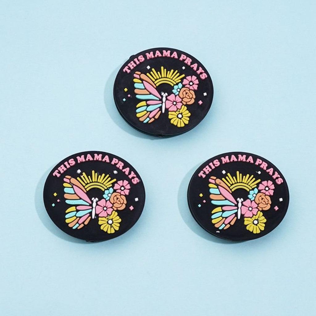 This Colorful Butterflies Flowers Mama Prays Round Silicone Focal Beads