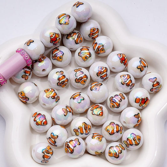 UV Coating Marine Animal Acrylic Beads Clownfish & Ocean-Themed Designs, Cute Random Mix, 16MM