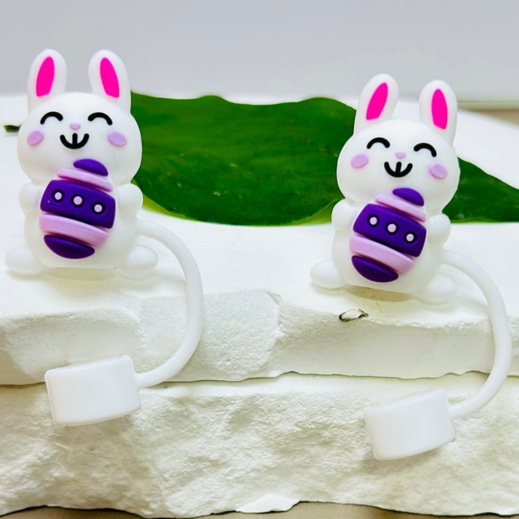 Food Grade Cup Tumbler Cute White Bunny Rabbit Holds a Purple Egg Easter Silicone Straw Topper