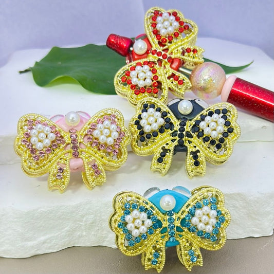 Gold Alloy Fancy Bling Bling Bowtie Bowknot with Colorful Rhinestones, White Pearls, Oval Pearls, and Clay Beads, Around 45*32mm